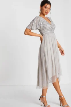 Quiz Grey Sequin Wrap Tulle Midi Dress Online