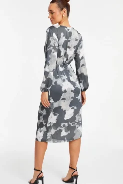 Quiz Grey Smudge Print Wrap Midi Dress Best