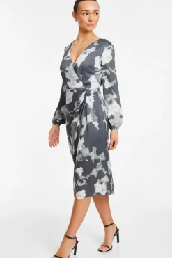 Quiz Grey Smudge Print Wrap Midi Dress Best