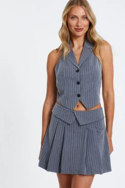 Quiz Grey Stripe Halterneck Waistcoat Discount