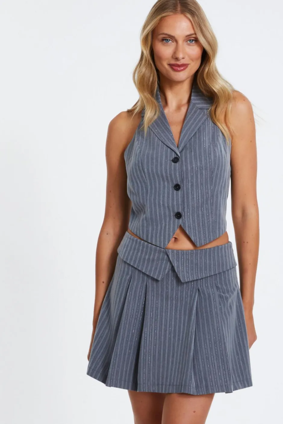 Quiz Grey Stripe Halterneck Waistcoat Discount