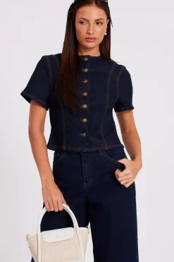Quiz Indigo Denim Button Front Top Hot