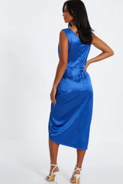Quiz Satin Ruched Midi Dress Indigo Sale