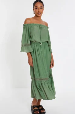 Quiz Khaki Bardot Crochet Midaxi Dress
