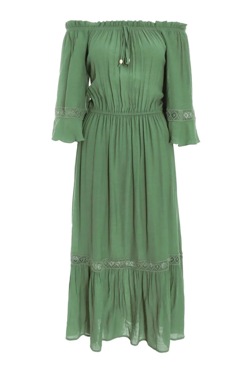 Quiz Khaki Bardot Crochet Midaxi Dress