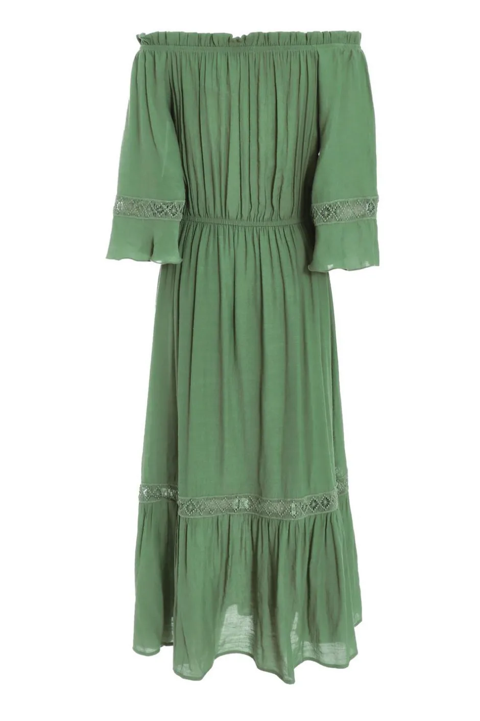 Quiz Khaki Bardot Crochet Midaxi Dress