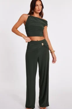 Quiz Buckle Wide Leg Trousers Khaki Discount
