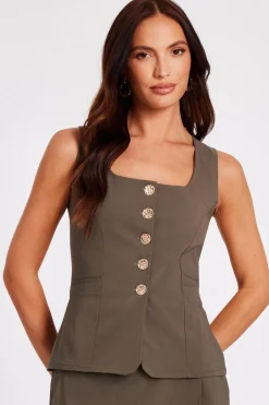 Quiz Khaki Button Front Waistcoat Best