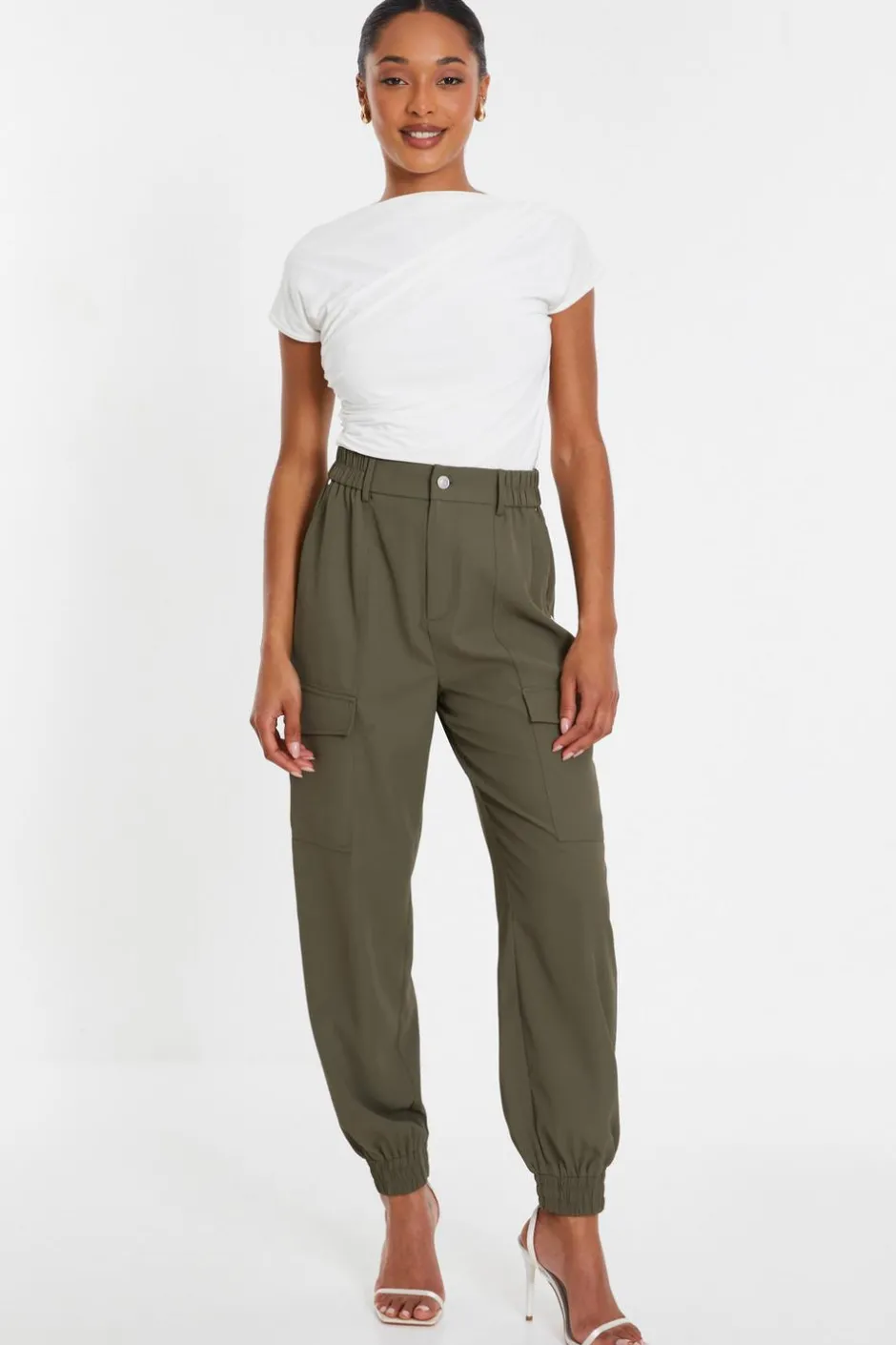 Quiz Khaki Cargo Cuff Trousers Sale