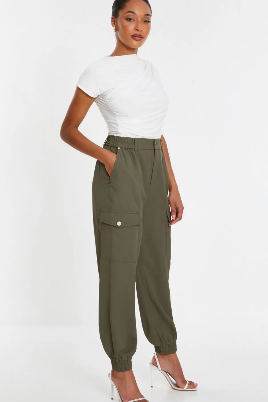Quiz Khaki Cargo Cuff Trousers Sale