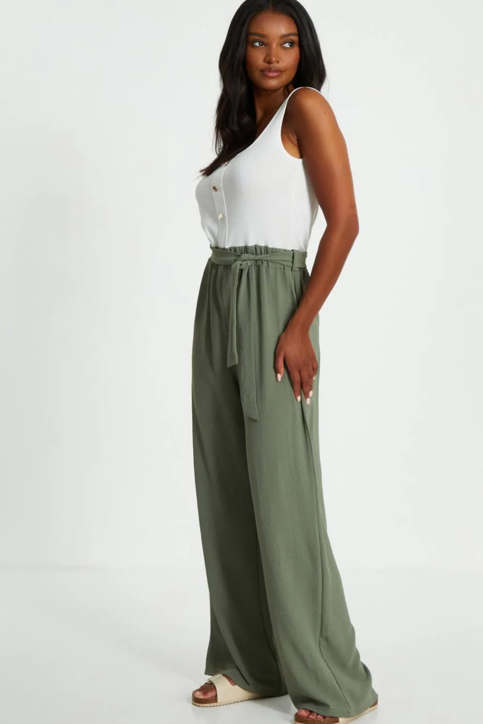 Quiz Khaki Contrast Ribbed Palazzo Jumpsuit Discount