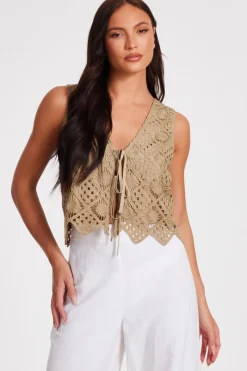 Quiz Crochet Waistcoat Khaki