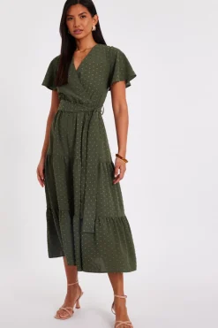 Quiz Dobby Tie Waist Midi Dress Khaki Sale
