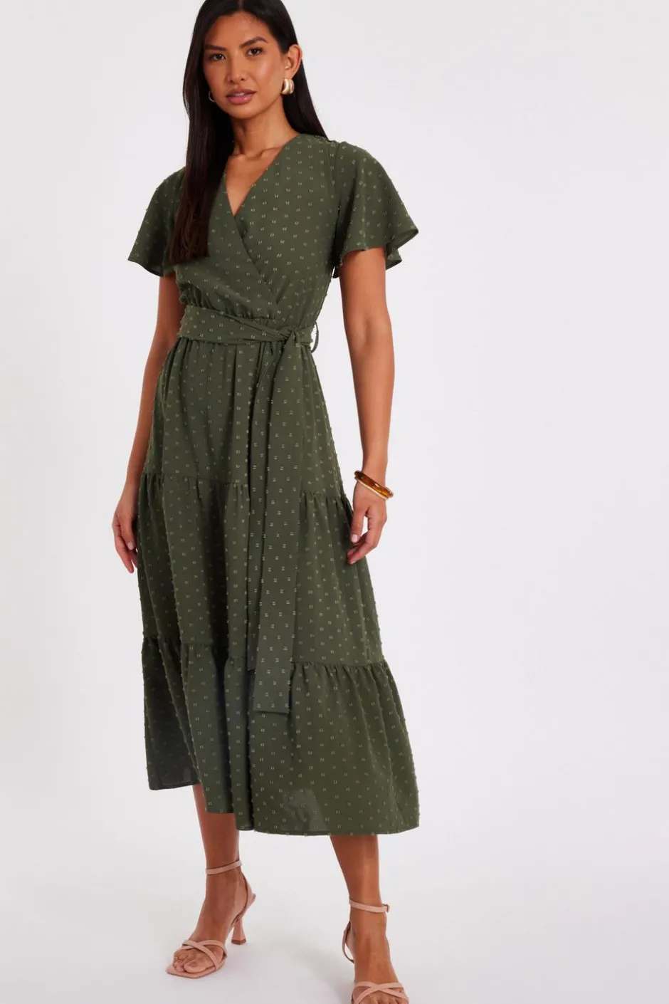 Quiz Dobby Tie Waist Midi Dress Khaki Sale