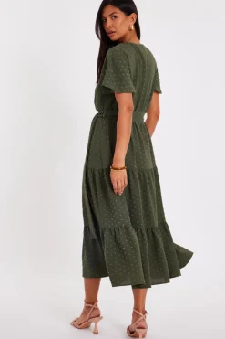 Quiz Dobby Tie Waist Midi Dress Khaki Sale