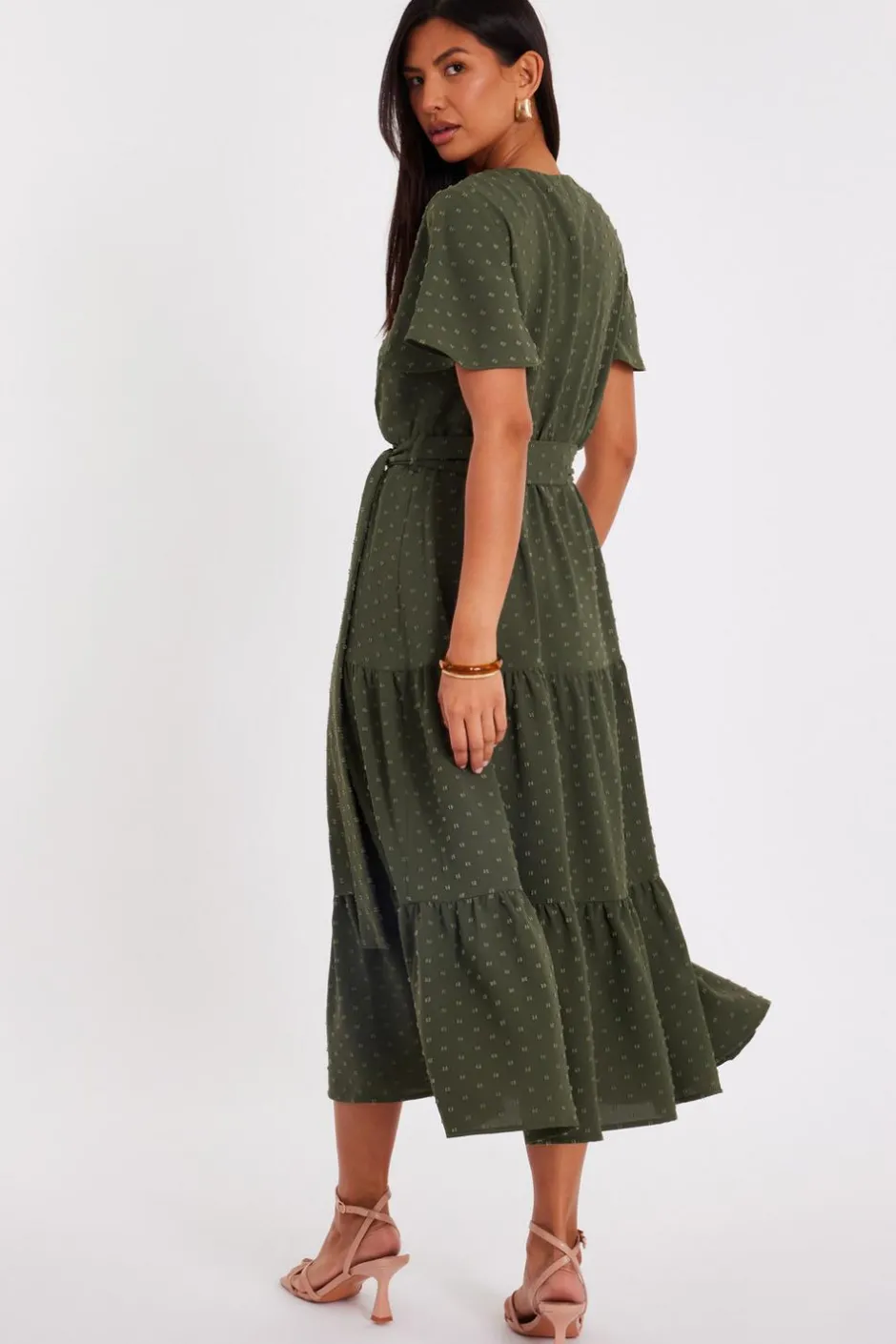 Quiz Dobby Tie Waist Midi Dress Khaki Sale