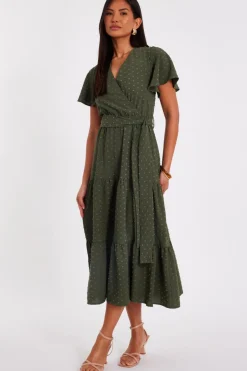 Quiz Dobby Tie Waist Midi Dress Khaki Sale
