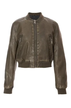 Quiz Khaki Faux Leather Bomber Jacket Online