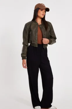 Quiz Khaki Faux Leather Bomber Jacket Online