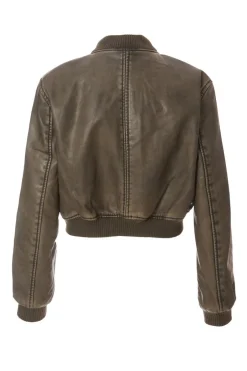 Quiz Khaki Faux Leather Bomber Jacket Online