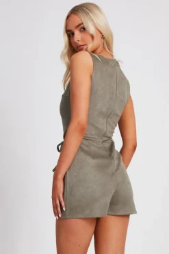 Quiz Faux Suede Playsuit Khaki Hot