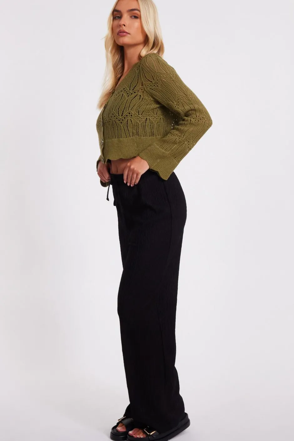 Quiz Knit Cropped Cardigan Khaki New