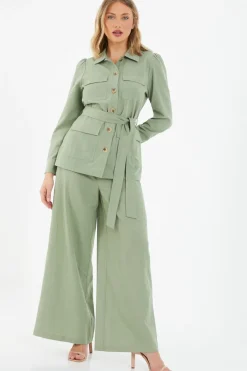 Quiz Khaki Linen Wide Leg Trousers Online