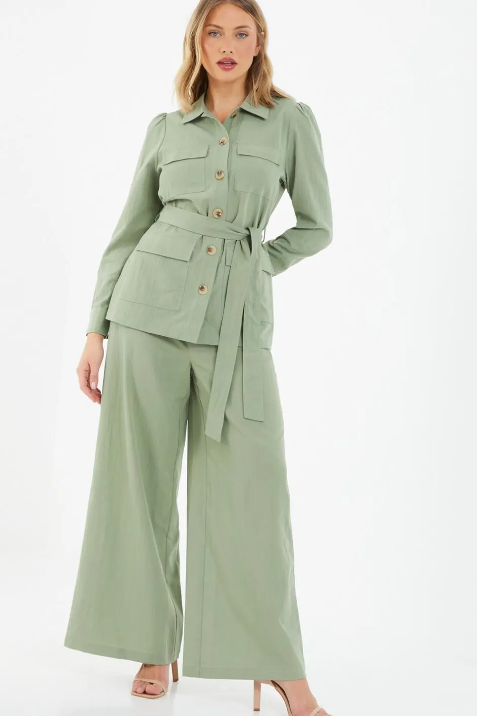 Quiz Khaki Linen Wide Leg Trousers Online