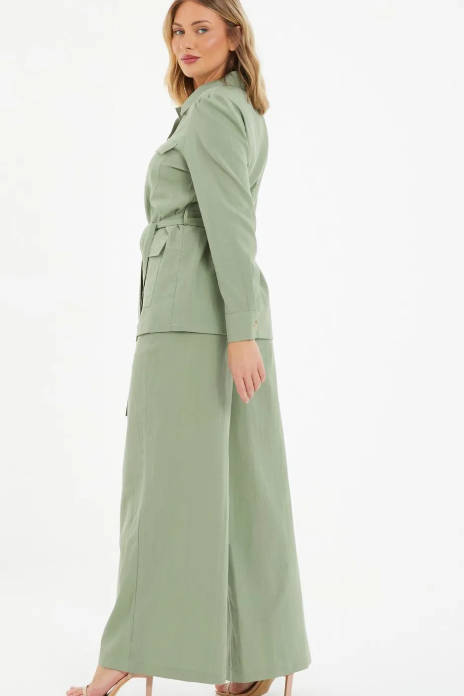 Quiz Khaki Linen Wide Leg Trousers Online