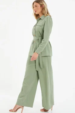Quiz Khaki Linen Wide Leg Trousers Online