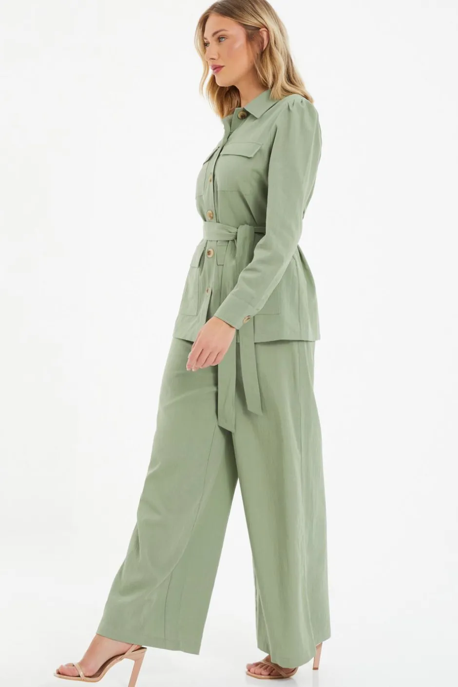 Quiz Khaki Linen Wide Leg Trousers Online