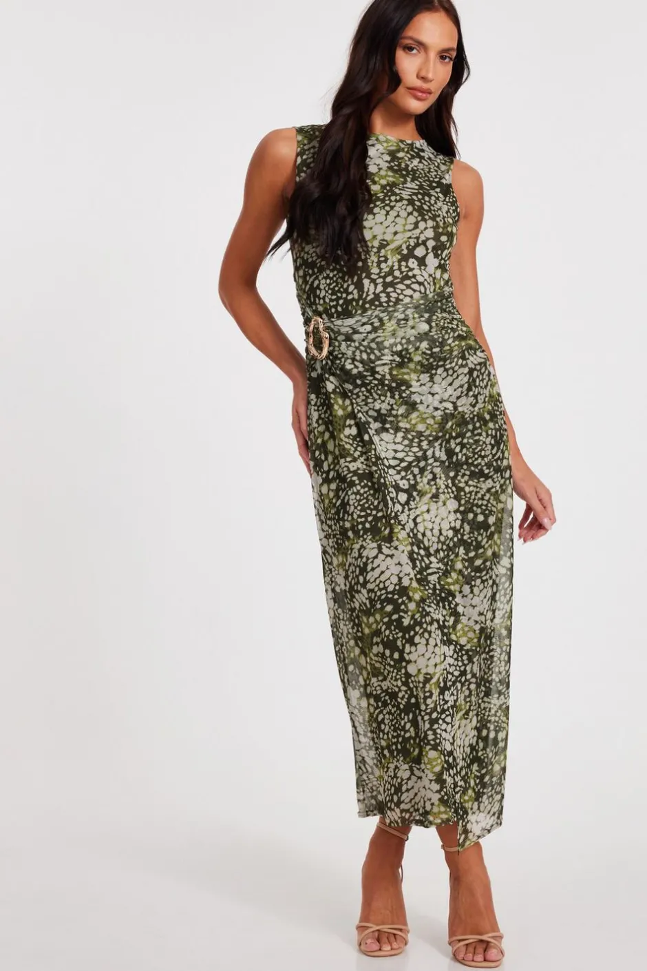 Quiz Khaki Mesh Animal Print Midaxi Dress Online