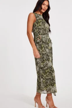 Quiz Khaki Mesh Animal Print Midaxi Dress Online