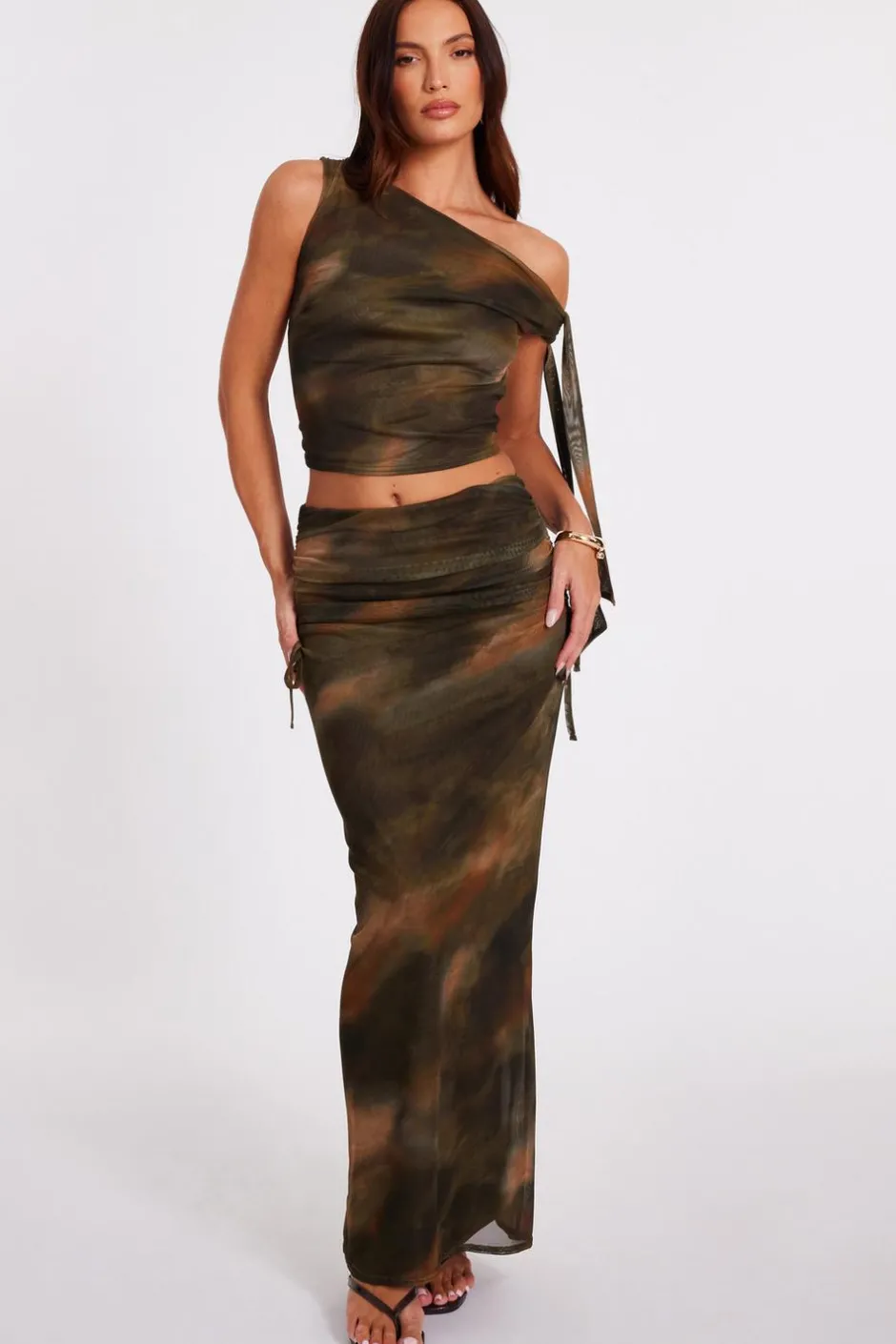 Quiz Khaki Mesh Ruched Midaxi Skirt Sale