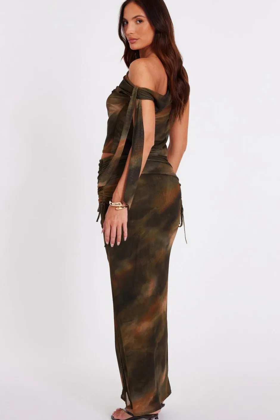 Quiz Khaki Mesh Ruched Midaxi Skirt Sale