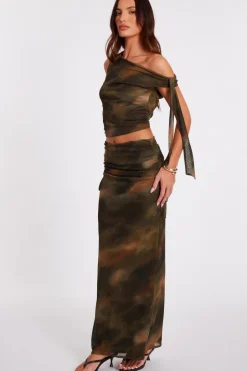 Quiz Khaki Mesh Ruched Midaxi Skirt Sale