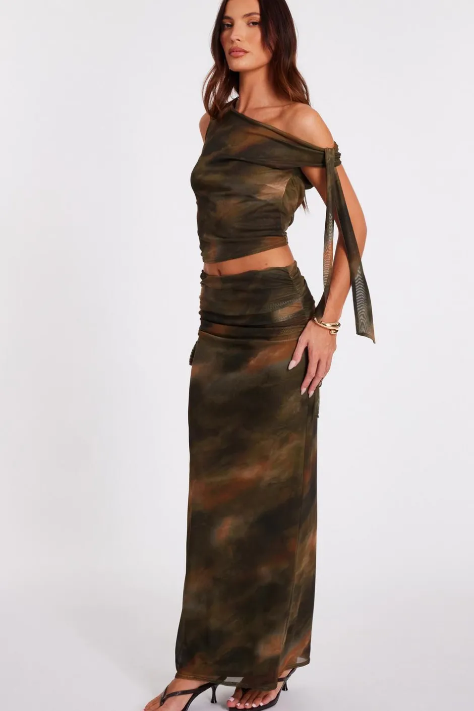 Quiz Khaki Mesh Ruched Midaxi Skirt Sale