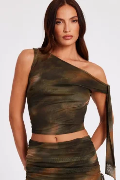 Quiz Khaki Mesh Tie Shoulder Crop Top Hot