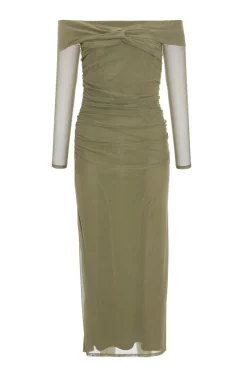 Quiz Khaki Mesh Twist Bardot Midaxi Dress New