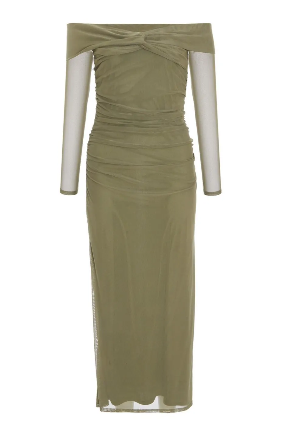 Quiz Khaki Mesh Twist Bardot Midaxi Dress New
