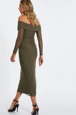 Quiz Khaki Mesh Twist Bardot Midaxi Dress New