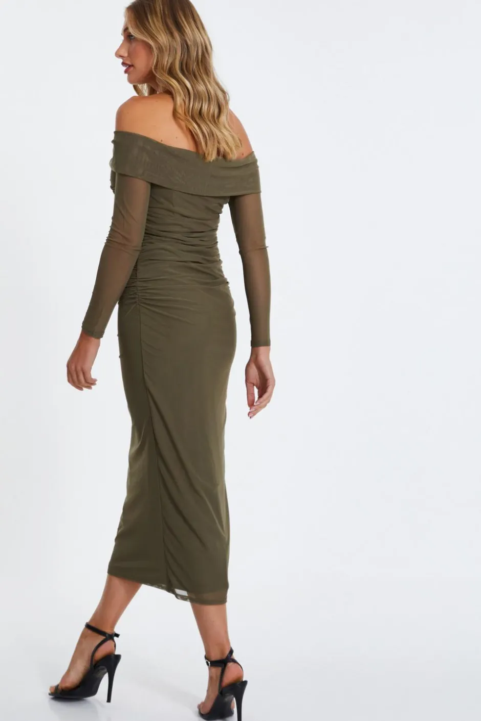 Quiz Khaki Mesh Twist Bardot Midaxi Dress New