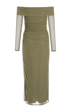 Quiz Khaki Mesh Twist Bardot Midaxi Dress New