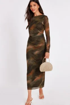 Quiz Khaki Printed Long Sleeve Midaxi Dress New
