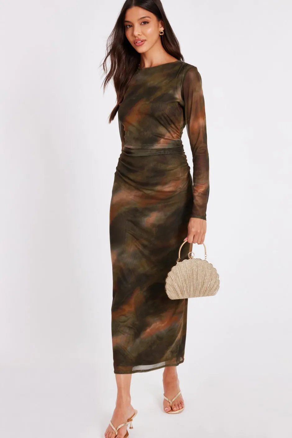 Quiz Khaki Printed Long Sleeve Midaxi Dress New