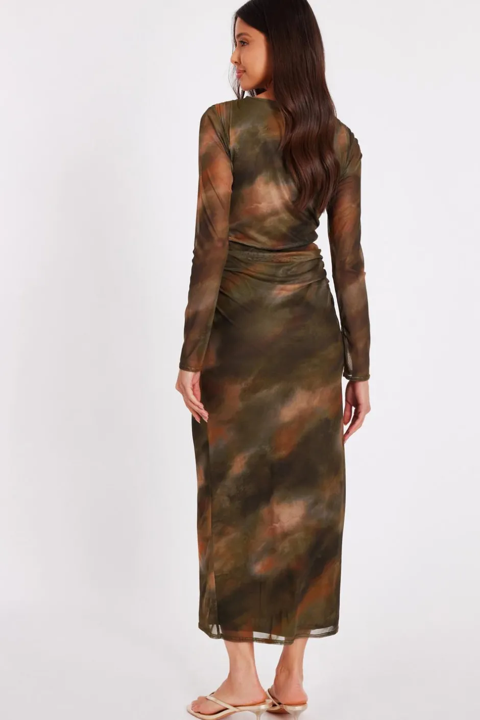 Quiz Khaki Printed Long Sleeve Midaxi Dress New