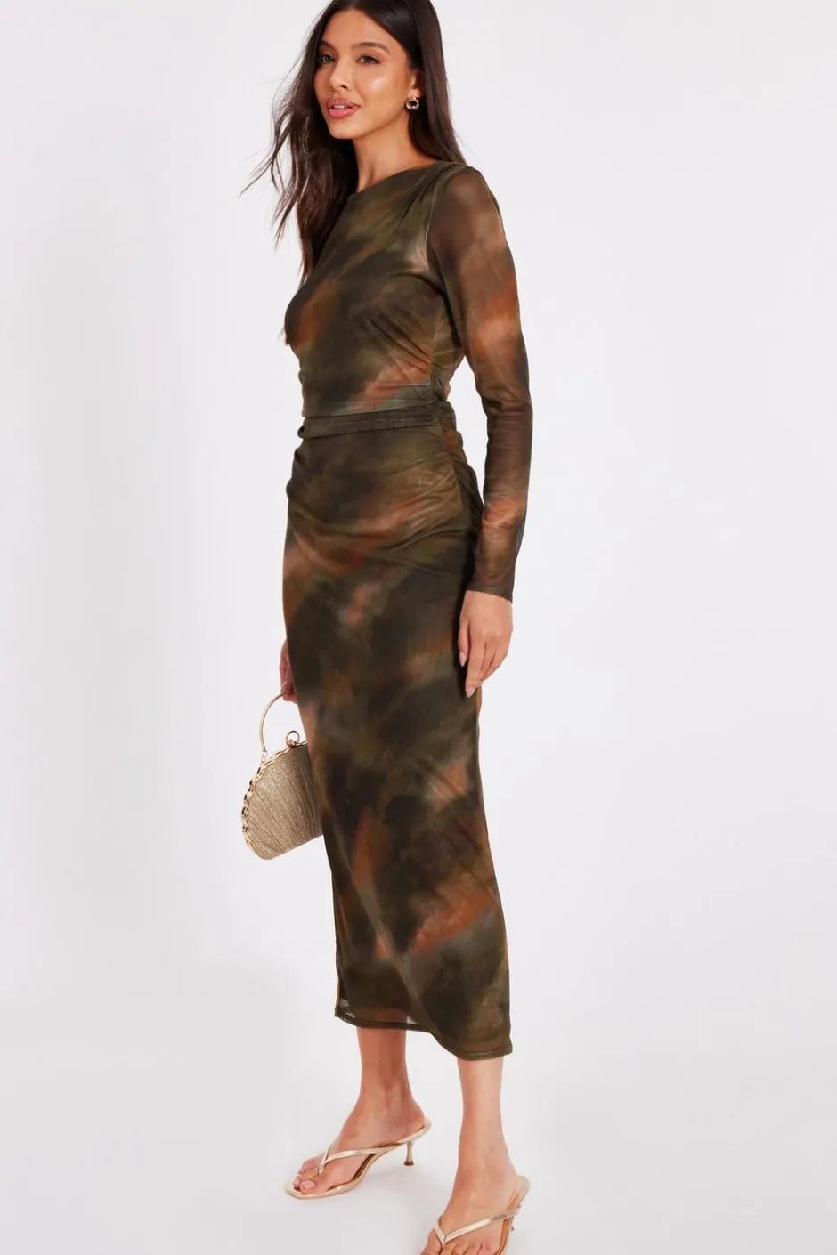 Quiz Khaki Printed Long Sleeve Midaxi Dress New