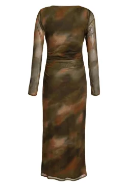 Quiz Khaki Printed Long Sleeve Midaxi Dress New