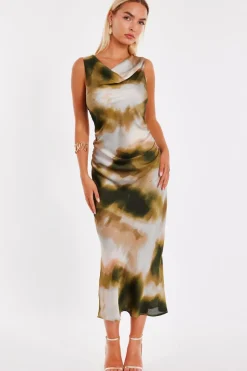 Quiz Khaki Printed Satin Midaxi Dress Sale