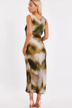 Quiz Khaki Printed Satin Midaxi Dress Sale